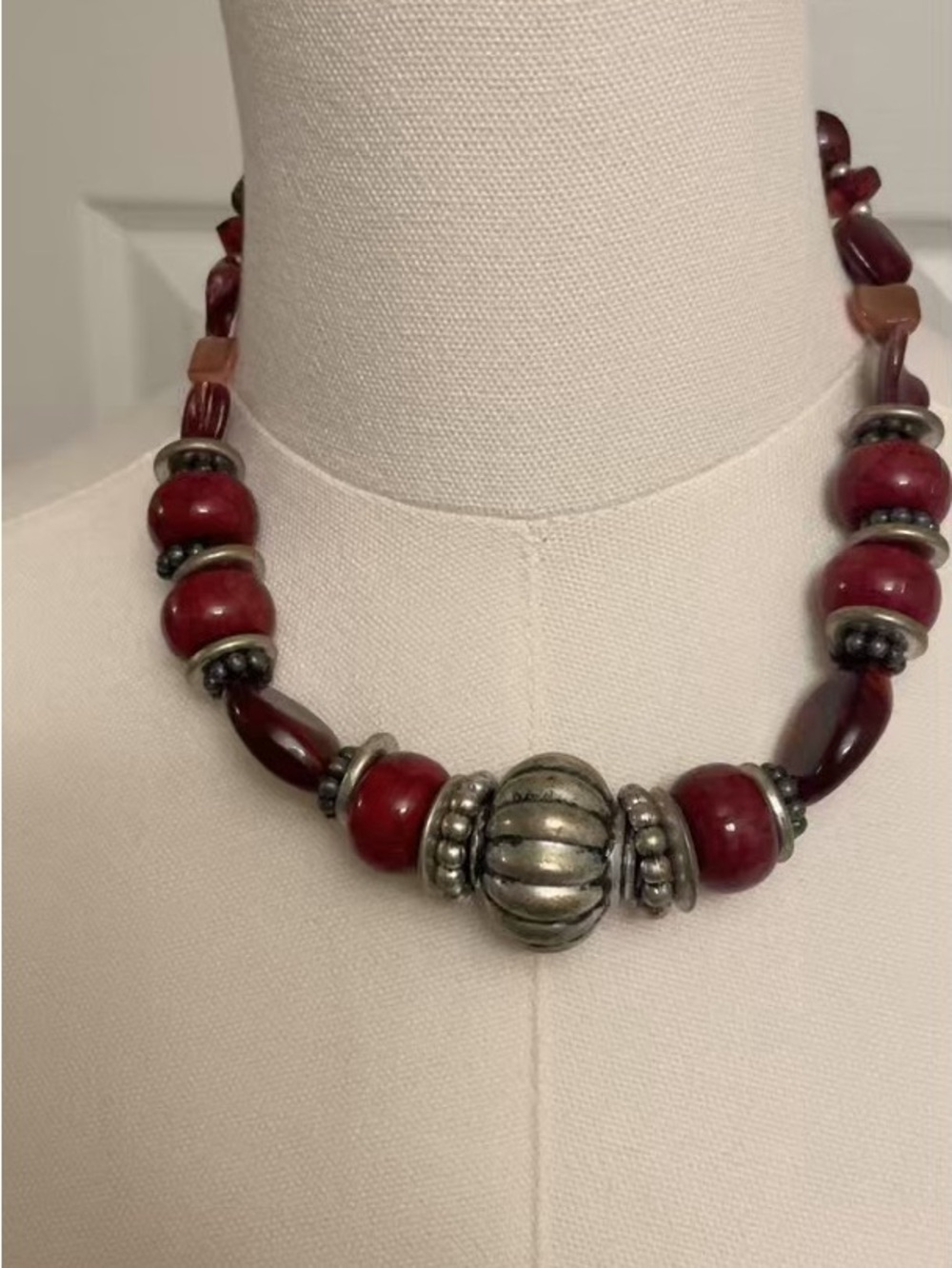Vintage Chunky Red Beaded Statement Necklace Boho Tribal